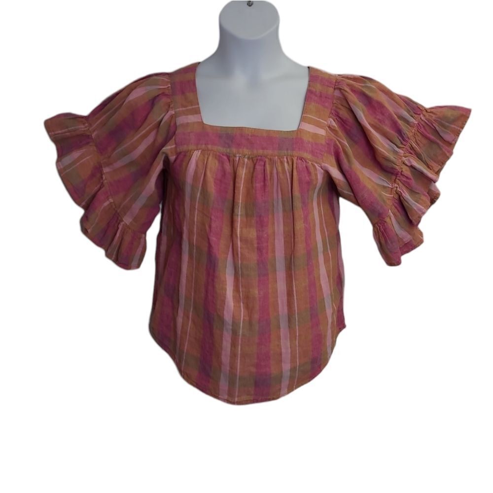 BEACH LUNCH LOUNGE plaid linen ruffle sleeve Naomi square neck top S